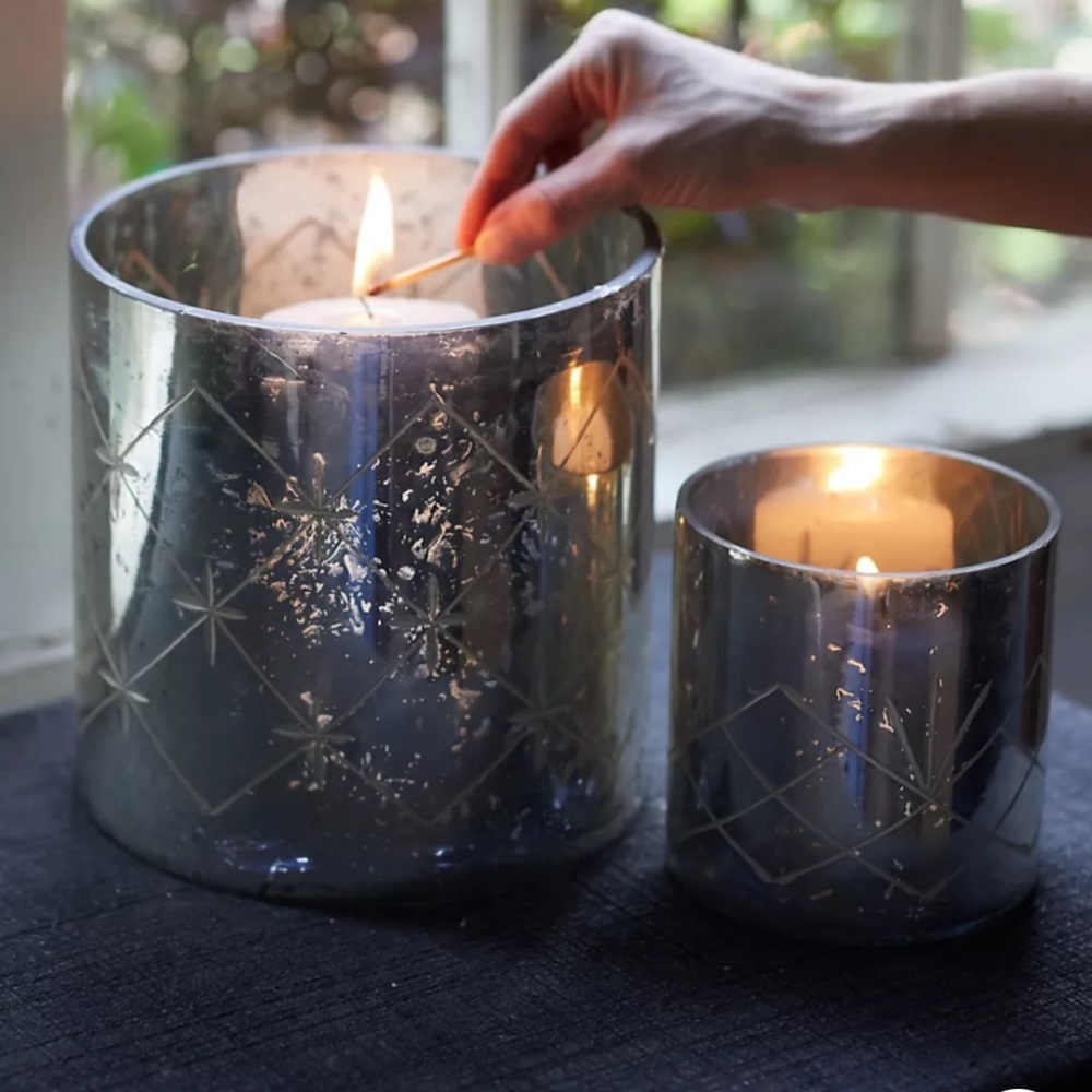 Set Mercury Glass Diamond Etched Set 2 hurricane candle holders